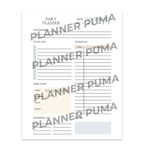 Simple Daily Planner with Meal Plan & Shopping List