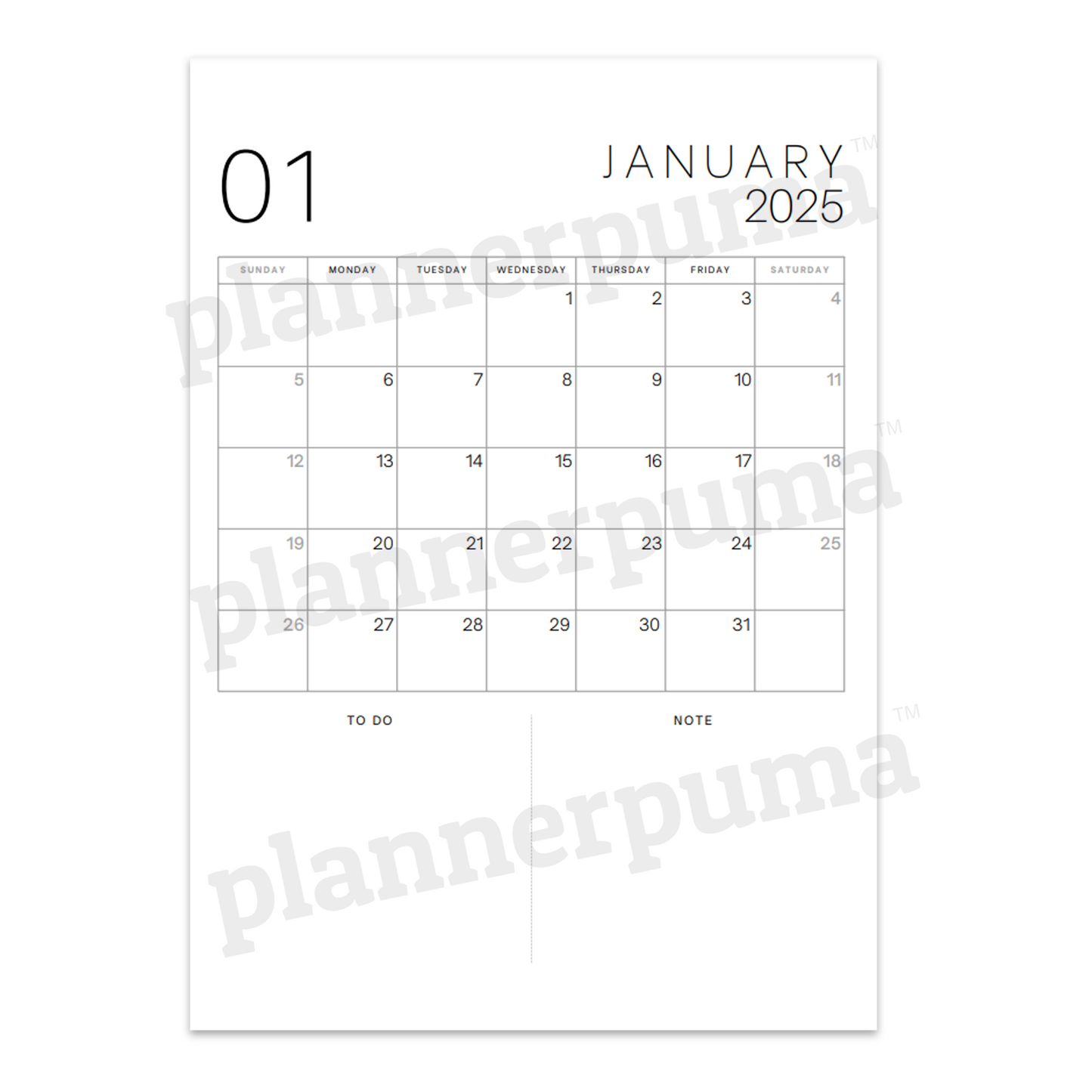 Free Black and White Minimalist 2025 Year Printable Calendar